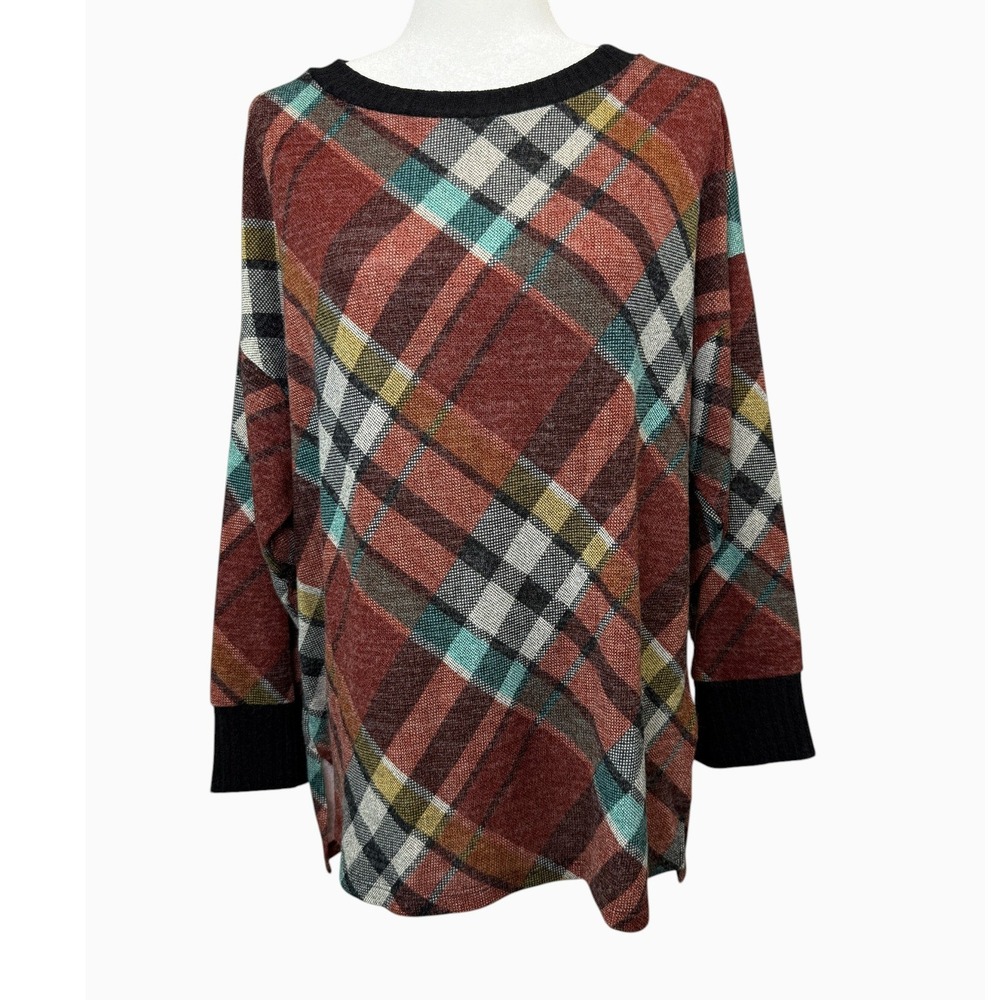 Chris & Carol Women's 1X Plaid Knit Tunic Top Rust Teal Black NWOT Made in USA